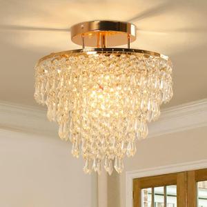 FRIXCHUR 11.8" Crystal Chandelier Gold Flush Mount Ceiling Light 5 Tiers Raindrops Crystals Pendant Lighting Fixture for Bedroom Hallway Living Room E26 Base