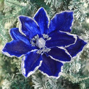Thiccywoov 8 Pcs Large Christmas Flower Magnolia Flowers Christmas Tree Decoration Artificial Poinsettia Stems Velvet Xmas Ornaments for Xmas Tree Table Decor(Blue,12 Inch)