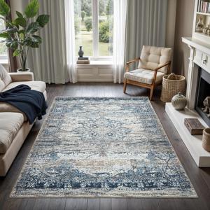 GLN Rugs Vintage Collection - Machine Washable Area Rug, Vintage Washable, Non Slip, Low Pile Rug, Living Room, Bedroom, Bathroom Rug - Easy Clean (5'3"x7'5" Navy Blue and Gray)