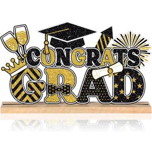Roowest Metal Congrats Grad Tabletop Sign Black and Gold Graduation Table Decoration Centerpiece Class of 2026 Tiered Tray Decor with Wooden Base for Desk Shelf Mantel Party Student Teacher Gift