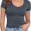 PALINDA V Neck Slim Fitted Shirts for Women Basic Casual Short Sleeve T Shirts Going Out Tops Sexy Y2K Tees (Blue, XL)