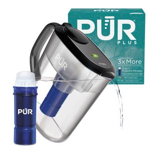 PUR Plus 11-Cup Water Pitcher, 1 Lead-Reducing Filter, Cleaner, Great-tasting Water, Dishwasher Safe, Powerful Filtration, Filter Change Light Indicator, LockFit Cap Design - Smoke (Black)