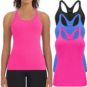 3 Pack Workout Tank Tops for Women with Built in Bra Ribbed Seamless Racerback Athletic Running Gym Yoga Tops (M)