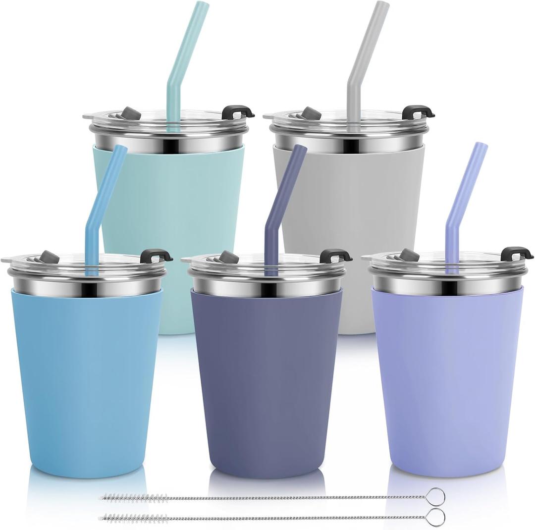 Stainless Steel Kids Cups with Lids and Straws Leakproof, 5 Pack 12oz Spill Proof Cups for Toddlers Kids Tumblers Unbreakable Sippy Cup with Straws for School, Outdoor (Green, Light Gray, Blue, Gray, Purple)