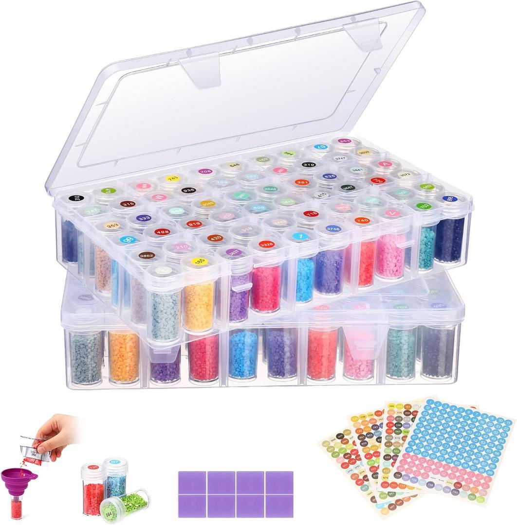Willinglong 2 Pack Diamond Art Storage Containers Set, Grids Bead Organizer Box with Diamond Painting Accessories Labels for Jewelry Art DIY Dot Craft Bead Storage
