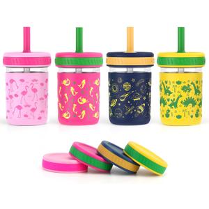 Sursip Toddler Glass Sippy Cups, Kids Baby 12 oz Spill-Proof Water Tumbler with Straw and Lids, Smoothie Snack Mason Jar For Travel School or At Home, 4 Packs