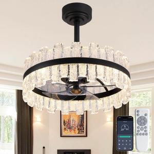 20'' Modern Caged Ceiling Fan with Light, Black Water Ripple Glass LED Flush Mount Ceiling Fan with Lights and Remote, 6 Speeds Enclosed Fandelier for Bedroom Dining Room Living Room,  Acrylic Shade