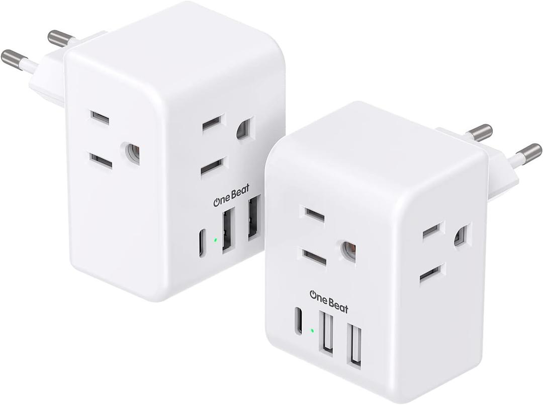 One Beat 2 Pack European Travel Plug Adapter, One Beat International Power Adapter with 3 Outlets 3 USB Ports(1 USB C), Type C Plug Adaptor for US to Europe Italy Spain France Germany Iceland Travel Essentials