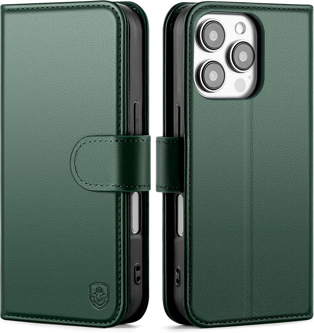 Compatible with iPhone 16 Pro Genuine Leather Case Wallet with Card Holder,Women Men Real Leather Flip Folio RFID Blocking Credit Card Slots Stand Phone Cover,for Apple 16Pro 6.3",Green