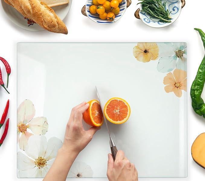 Kitchenville Glass Cutting Board 20”x16”: Tempered Glass Kitchen Counter Protector - Durable- Scratch-Resistant, Heat-Proof - Design 5 - Floral Design