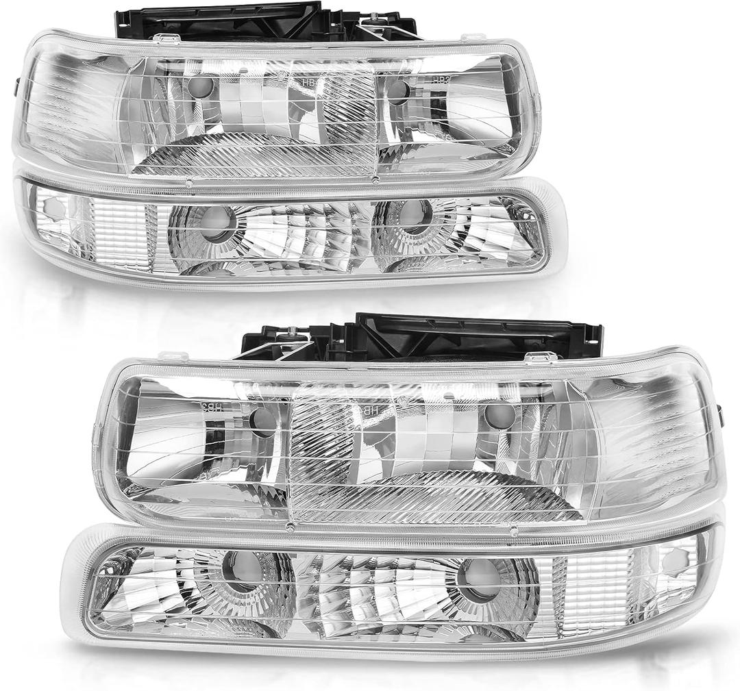 AUTOSAVER88 Headlight Assembly Compatible with 1999-2002 Chevy Silverado 1500 2500/2001-2002 Silverado 1500HD 2500HD 3500/2000-2006 Tahoe Suburban 1500 2500 Headlamp with Bumper Lights Clear Reflector