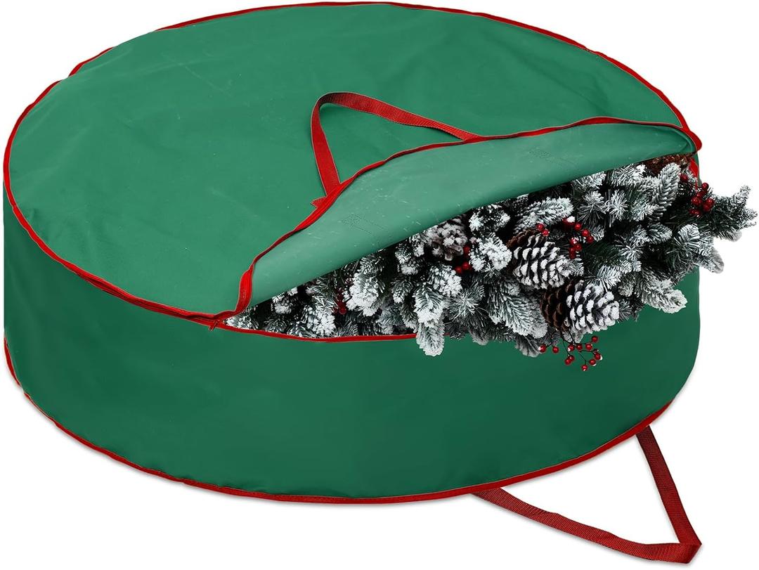 1 Pcs 60" Christmas Wreath Storage Bag Zippered Garland Holiday Container with Reinforced Handle Tear Resistant 600d Oxford Organizer Wreath Holder with Card (Green)