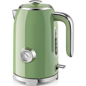 SUSTEAS Electric Kettle - 57oz Hot Tea Water Boiler with Thermometer, 1500W Fast Heating Stainless Steel Pot, Cordless LED Indicator, Auto Shut-Off & Boil Dry Protection, Retro Green