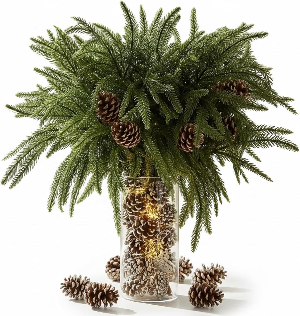 Syhood 12 Pcs 20 Inch Large Christmas Norfolk Pine Branch with 24 Pcs Pine Cones Norfolk Stems Real Touch Artificial Christmas Greenery Stems Picks Snow Pinecone for Xmas Vase DIY Craft Decor