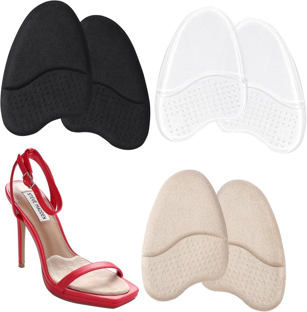 Metatarsal Pads Women, High Heel Comfort Pads, Ball of Foot Cushions for Women, Shoe Insoles, Heel Pads for Stop Feet from Sliding Forward,Shoe Grips for Inside of Shoes (Black+clear + Beige - 3 Pairs)