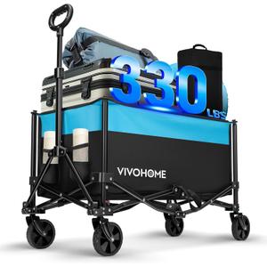 VIVOHOME Collapsible Wagon Carts, 330lbs 170L Utility Heavy Duty Foldable Wagons with Universal Wheels, Cup Holders & Side Pocket, Adjustable Handle, for Camping, Garden, Sports, Picnic, Shopping