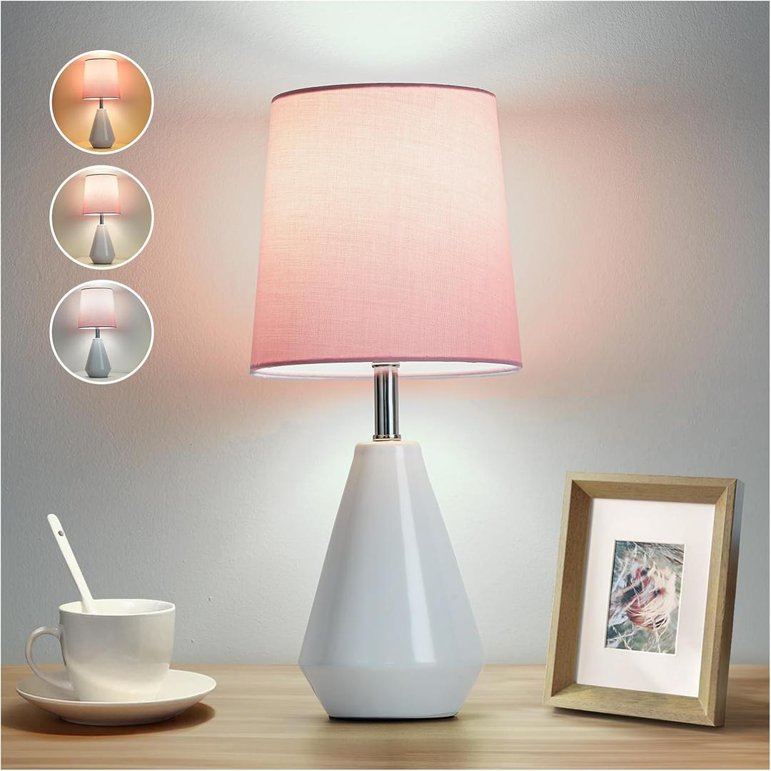Small Bedside Table Lamp for Bedroom - Reading Desk Lamp with 3 Color Temperatures15.5" Nightstand Ceramic Lamp with Fabric Shade for Kids Room,Living Room,Dorm,Home Office (White+Pink