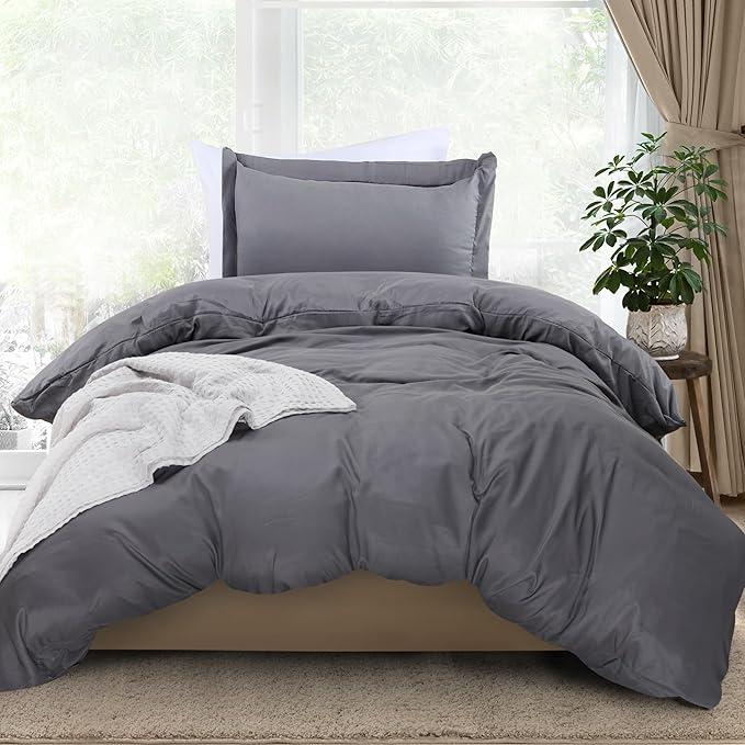 Bedding Duvet Cover Twin Size - 2 Piece with Zipper Closure - 1 Comforter Cover 68X90 Inches & 1 Pillow Sham 20X26 Inches (Grey) Comforter Not Included
