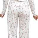 SweatyRocks Women's Floral Pajama Set Ruched Long Sleeve Top and Pants Pjs Set Sleepwear Loungewear (White, XL)