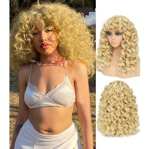 GKtineke-Blonde-Curly-Wig Big-Curly-Wigs-for-White-Black-Women 20 Inch- Long-Curls-Afro-Wig-with-Bangs Synthetic-Hair-Replacement-Wigs-for- Cosplay and Daily (Blonde)