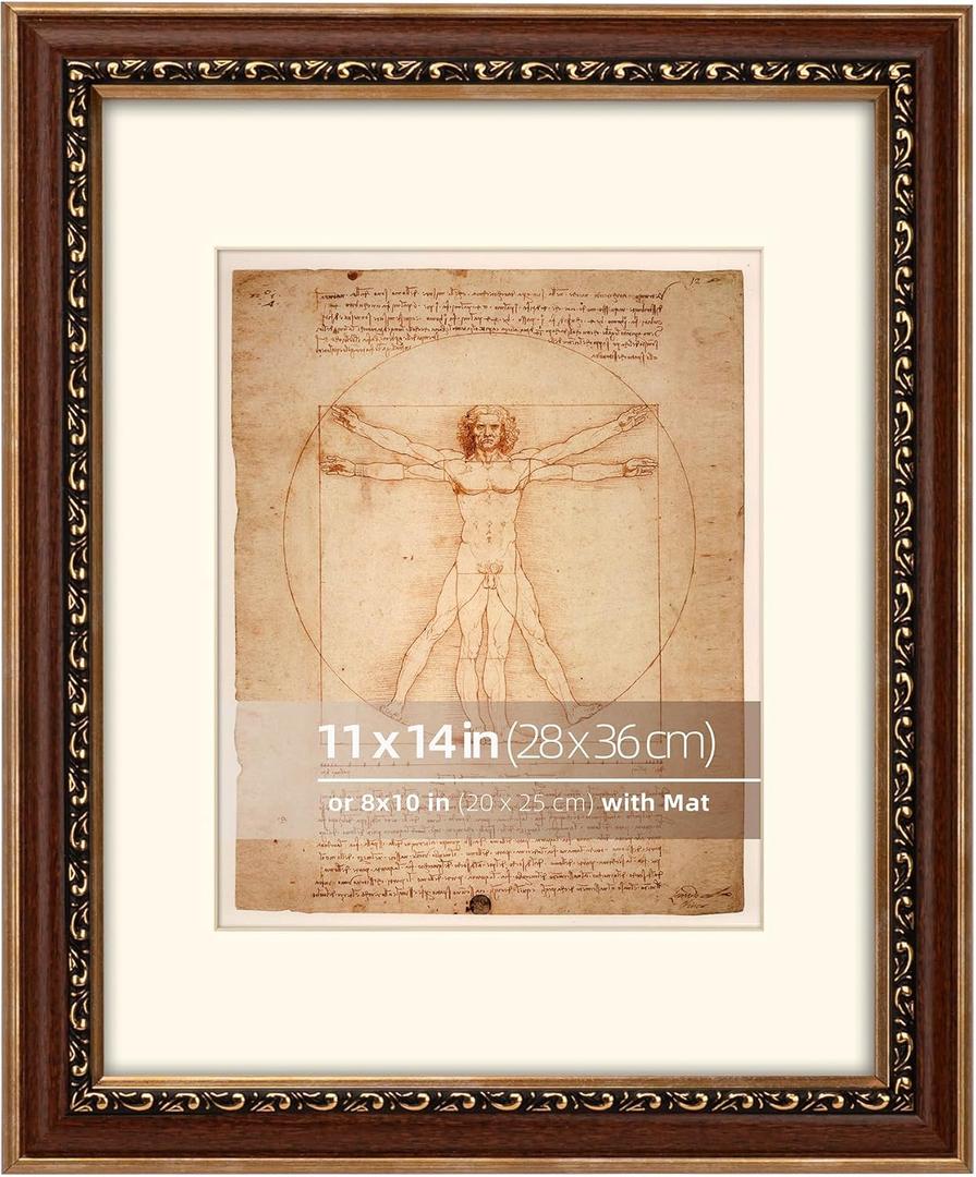 11x14 in Distressed Brown and Gold Curved Scrollwork Motif Embossed Ornate Classic Picture Frame, Matted for 8x10 inches, Tabletop or Wall Display, Real Glass Protection