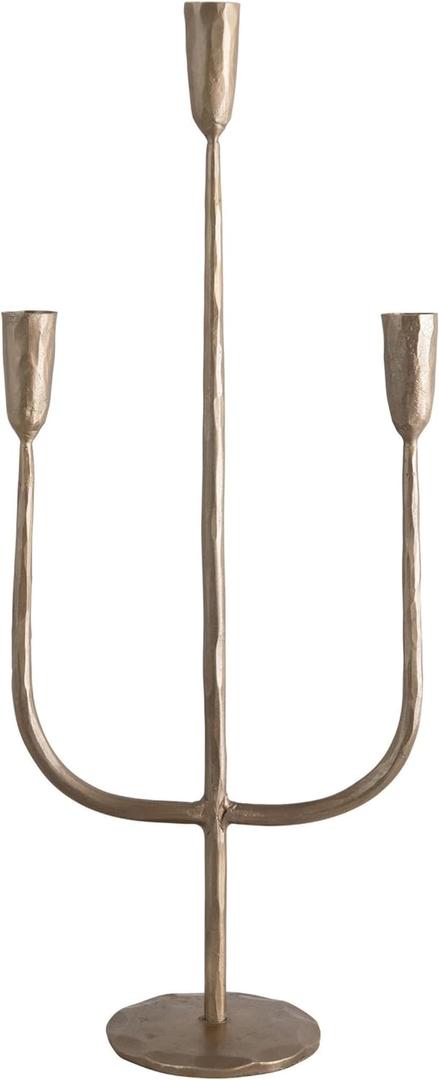 Creative Co-Op Hand-Forged Metal Candelabra, Antique Brass Finish (Holds 3 Taper Candles)