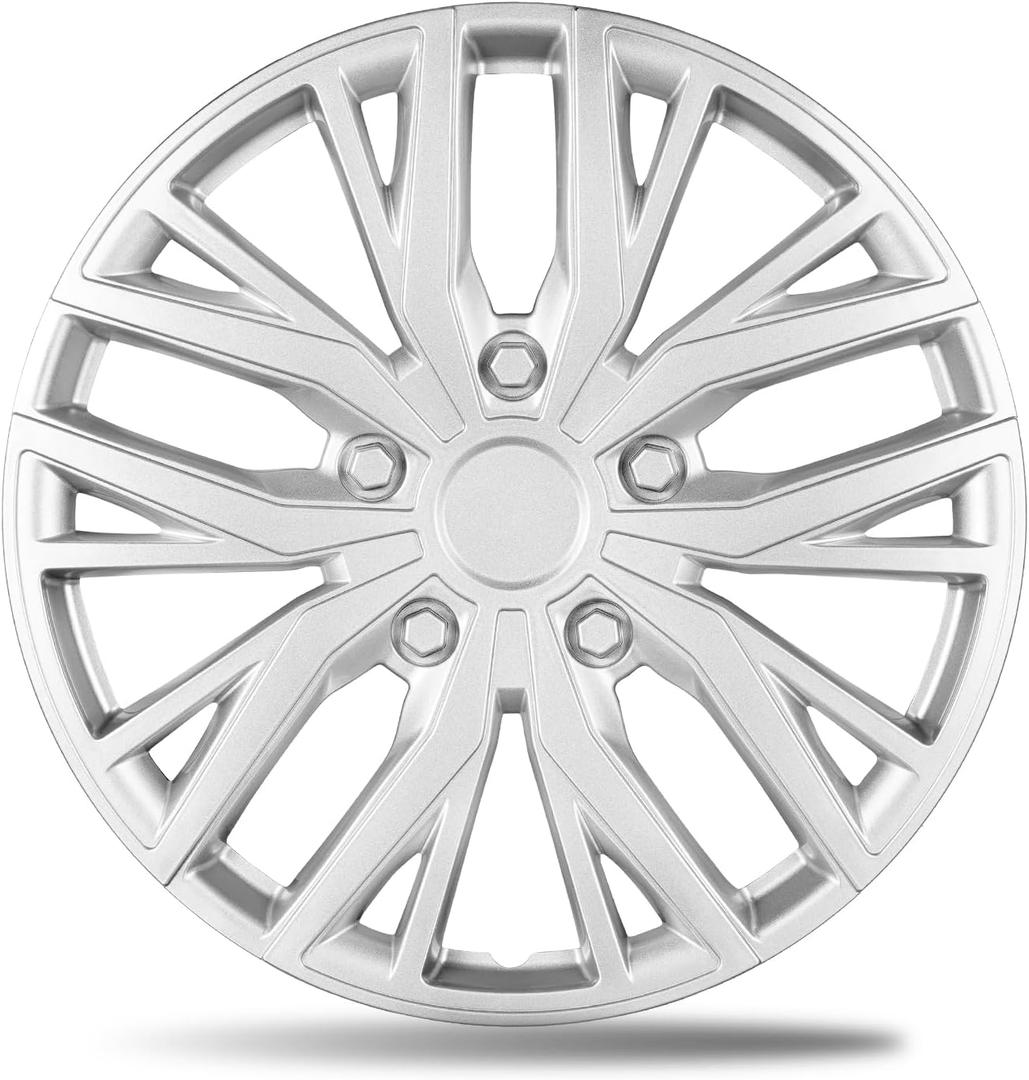 17 Inch Gloss Silver Sporty 10-Spoke Design Universal Wheel Covers Hubcaps for Steel Wheels, Set of 4, Patented Adjustable Snap-On Design, Tool-Free Install