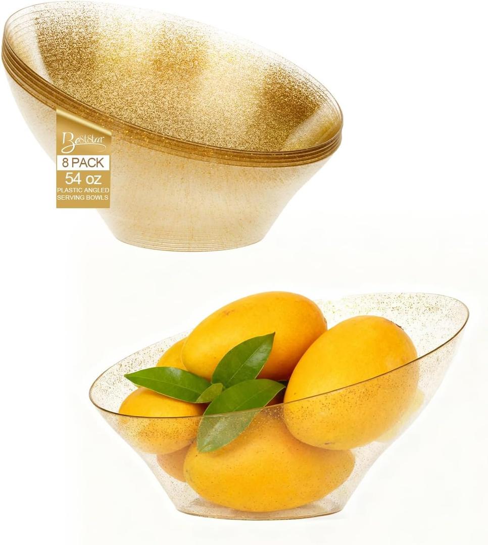 BESTSTAR 54OZ Clear and Gold Gliter Plastic Serving Bowls 8 Pack Angled Disposable Party Bowls for Chips, Salad, Fruit & Candy  Heavy Duty Clear Serving Bowls for Parties, Buffet, Christmas
