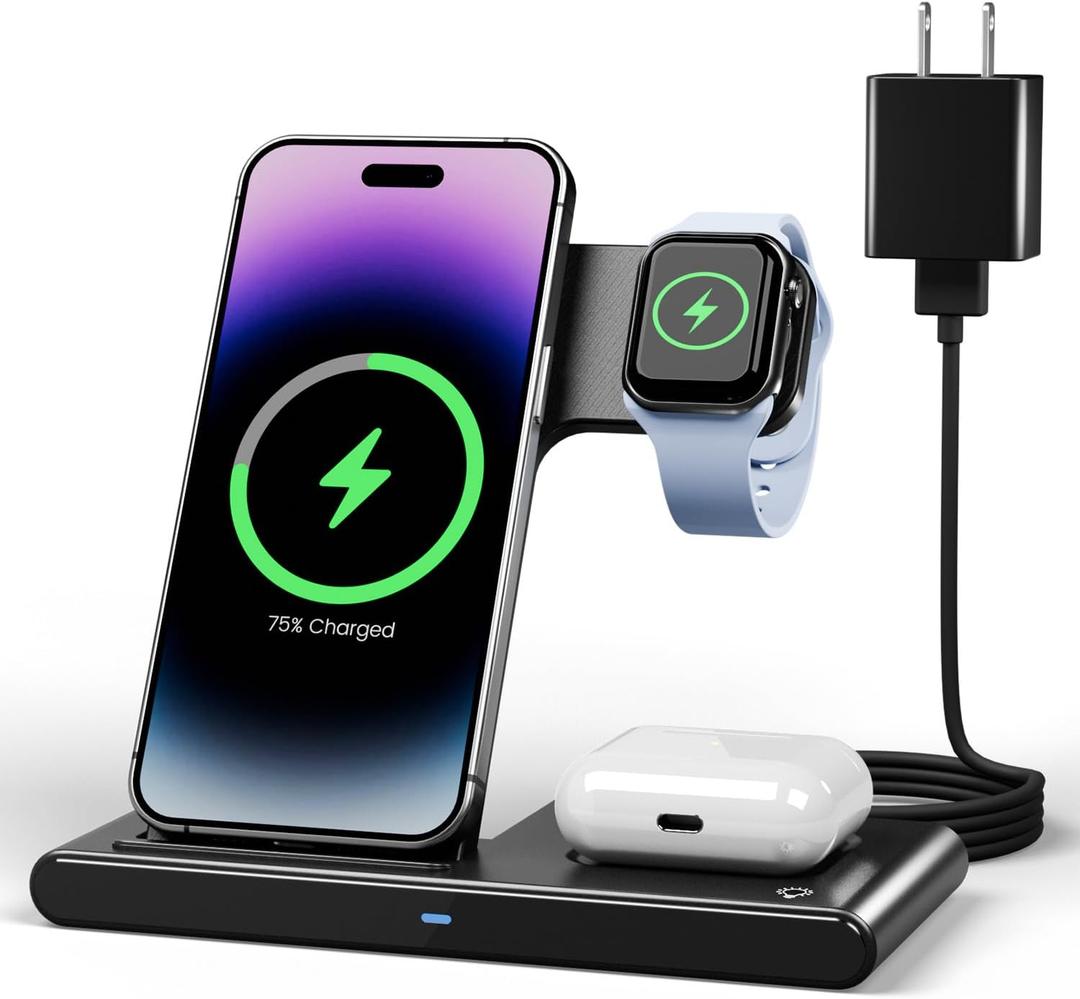 Wireless Charger iPhone Charging Station: 3 in 1 Charger Stand Multiple Devices for Apple - iPhone 16e 16 15 14 Pro Max 13 12 11 - Watch 10 9 8 7 6 5 4 3 2 SE and Ultra Series - Airpods 4 3 2 Pro (Black)