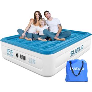 Luxury Air Mattress Queen with Built in Pump, 18'' High Double Blow Up Mattress, Self Inflating Air Bed with Flocked Top and Carry Bag, Durable Portable Airbed for Home Guest and Camping, Blue