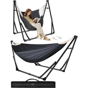 Anyoo 2 in 1 Hammock and Swinging Chair with Collapsible Steel Stand & Carrying Case,Portable & Adjustable,Easy Set Up for Outdoor,Indoor,Porch Swing,Patio,Garden,Camping Trip (Black)