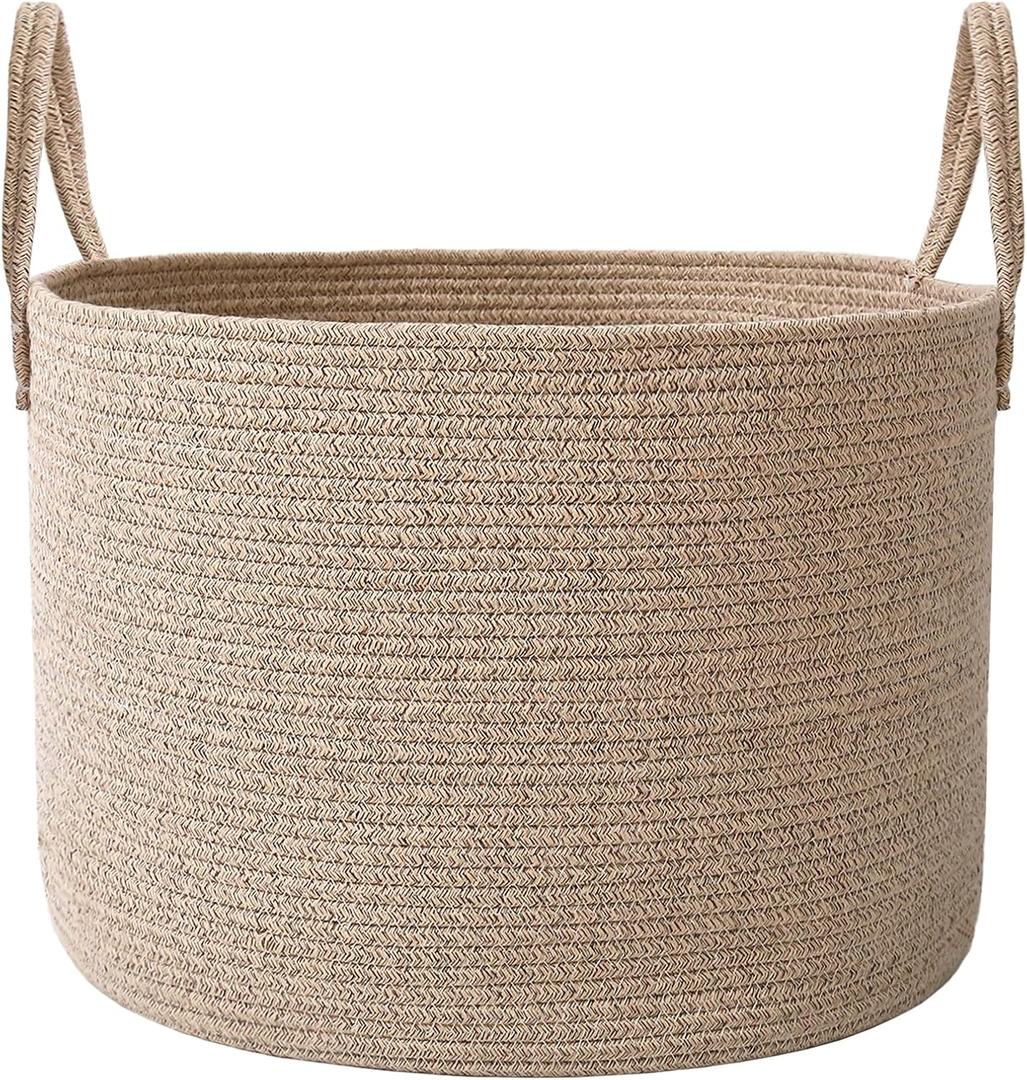 115L Extra Large Blanket Basket for Living Room - Woven Cotton Rope Laundry Hamper with Reinforced Handles - Storage Bin for Pillows, Comforters & Toys - Machine Washable,Oatmeal