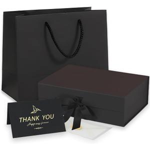 Medium Black Gift Box with Lid, Ribbon, Gift Bag and Greeting Card, 9.4x7x3 Inches, Magnetic Closure, Great for Birthdays, Weddings, Valentine's Day, Christmas Day