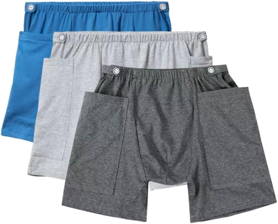 3 Pack Urine Bag Shorts for Men, Ostomy Drainage Bag Underwear, Incontinence Care Trousers, Catheter Bag Shorts, 2XL (XX-Large, Gray/Dark Gray/Blue for Men)
