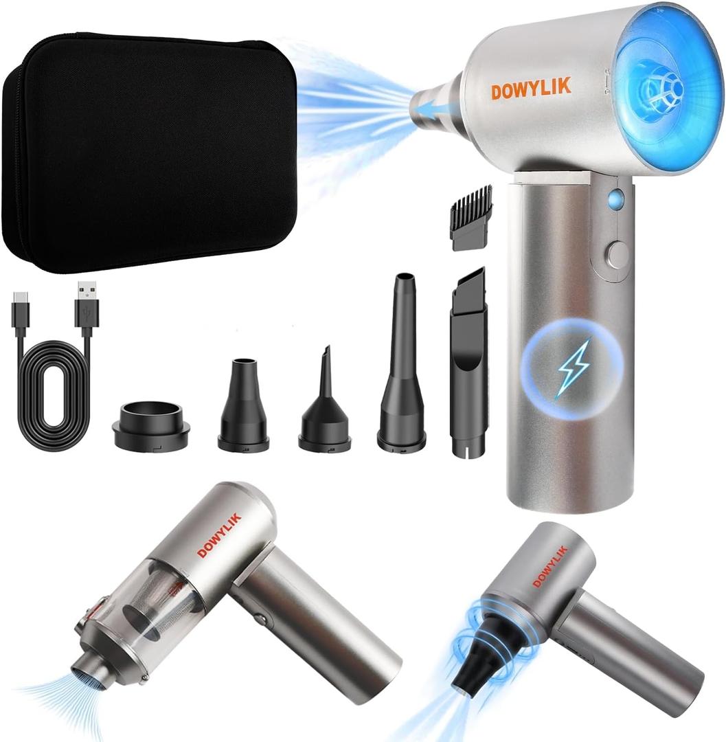 Compressed Air Duster, 150,000RPM Compressed Air with LED, 2-in-1 Mini Vacuum, Electric Air Duster for PC Cleaning Kit, Canned Air Duster for Computers-Air Blower for Electronics with Case