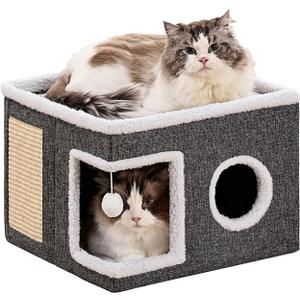 Cat Beds for Indoor Cats, Large Cat Cave with Fluffy Ball and Scratch Pad, Foldable Cat Scratch House with Hideaway Condo for Kitten,16x16x13inch,Grey (Single A)