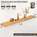 Live Edge Floating Shelf 55 Inch Extra Long | Solid Rustic Elm Wood with Invisible Brackets | Wall Mounted Shelf for Living Room, Kitchen, Bathroom | Natural