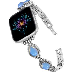Moolia Turquoise Stone Bracelet Compatible with Apple Watch Band 42/41/40/38/46/45/44/49mm Women Metal Handmade Adjustable Replacement for iWatch Series 11 10 9 8 7 6 5 4 3 2 1 SE/Ultra1/2/3 (Silver/Pearl)