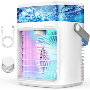 Portable Air Conditioners, Fast Cooling Evaporative Personal Air Cooler with 3 Wind Speeds, 2/4H Timer, 7 Color Lights, Mini Air Conditioner, USB Portable AC Unit Fan for Bedroom Office Camping Car
