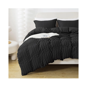 HYLEORY Black Duvet Cover Queen Size, 3 Pieces (1 Cover + 2 Pillow Cases) Soft Washed Microfiber Seersucker Set With Zipper Closure and Corner Ties for All Seasons