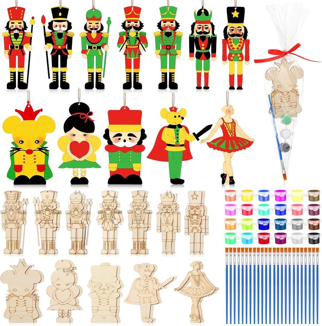 24 Set Christmas Wooden Nutcracker Painting Craft Kit DIY Blank Wooden Nutcracker Cutout Xmas Ornaments Unfinished Ballet Mouse King Walnut Soldier Craft Supplies Hanging for Xmas Tree