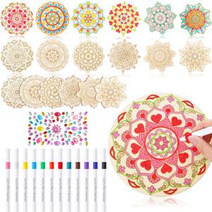 Fullhawl 31 Pcs Wooden Mandala Painting Set - 18 Unfinished Wood Cutouts, 12 Markers, 1 Gem Stickers for Adults DIY Crafts, Christmas, Back to School Gift,Wedding, Home Decors(Retro Style)