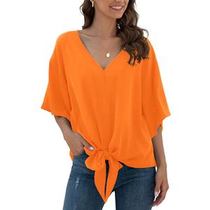 VIISHOW Womens Tie Front Chiffon Blouses V Neck Batwing Short Sleeve Summer Tops Shirts L