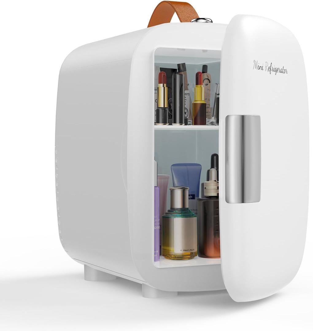 NEWBULIG Mini Fridge for Bedroom, Office & Car, Portable 4L/4.23QT Mini Refrigerator for Skincare with Handle, Ultra-Quiet Energy-Saving Compact Cooler for Drinks, Food, Skincare & Makeup, 12V AC/DC