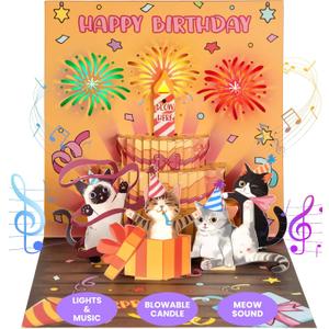 Meow Song Musical Birthday Card - DIY Age & Blowable Candle & Colorful Lights Birthday Pop Up Card 3D Cute Funny Cat, Surprise Gifts for Girl Boy Kids Women Cat Lover with Envelope Blank Note