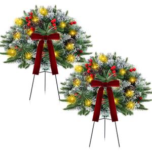 2 Pack 18" Lighted Outdoor Christmas Urn Filler with Remote & Timer, 60 LEDs Prelit Snowy Artificial Xmas Tree Planter Insert, Velvet Bows for Front Porch, Yard Decor(Olive Green)