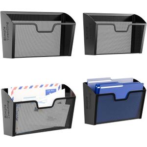 Simple Trending 4 Pack Wall File Organizer, Mesh Vertical Mounted File Folder Binder Holder, Hanging Basket Mail Organizer for Office, Home and School, Black