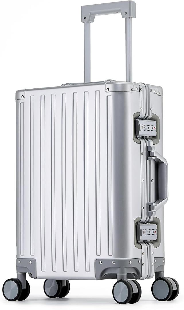 YYW 100% Full Aluminum Carry On Luggage, Airline Approved Hardside Suitcase with Silent Wheels Ideal, TSA Lock, Zipperless Suitcase for Business (Silver, 24-Inch), Checked In 24-Inch