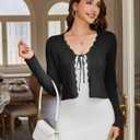 CARDYDONY Women's Cropped Cardigan Tie Front Long Sleeve Rib Knit Bolero Shrug Sweaters S-XL (Black, M)