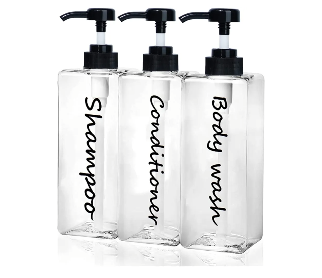 Shampoo Dispenser - Refillable Shampoo and Conditioner Bottles (Clear, Set of 3, 21oz) - Modern Shampoo Bottles for Shower Soap - Empty Shampoo Conditioner Body Wash Dispenser Set - for Bathroom